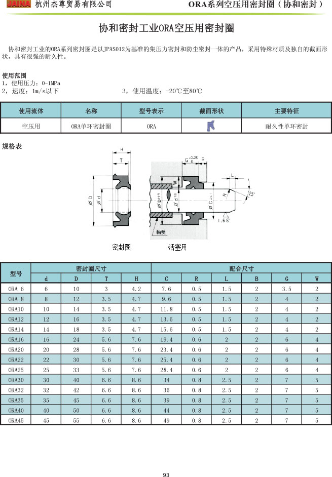 协和 ORA空压密封规格表